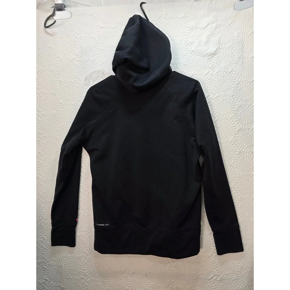 Nike Therma Fit Hoodie Women L Black Pink BigSwoosh Excellent Thumbhole Pullover